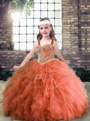 Customized Rust Red Sleeveless Beading and Ruffles Floor Length Pageant Gowns For Girls