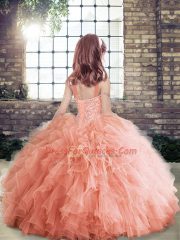 Customized Rust Red Sleeveless Beading and Ruffles Floor Length Pageant Gowns For Girls