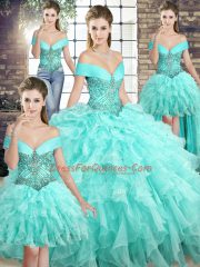 Fitting Sleeveless Organza Brush Train Lace Up Sweet 16 Dresses in Aqua Blue with Beading and Ruffles