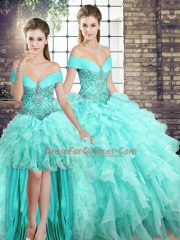 Fitting Sleeveless Organza Brush Train Lace Up Sweet 16 Dresses in Aqua Blue with Beading and Ruffles