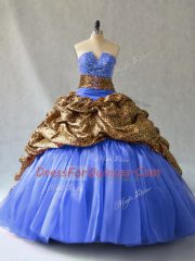 Brush Train Ball Gowns Quince Ball Gowns Blue V-neck Organza and Printed Sleeveless Lace Up