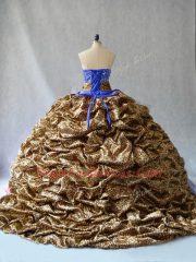 Brush Train Ball Gowns Quince Ball Gowns Blue V-neck Organza and Printed Sleeveless Lace Up