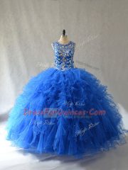 Glamorous Blue Scoop Neckline Beading and Ruffles Quinceanera Gown Sleeveless Side Zipper