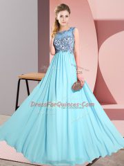 Aqua Blue Scoop Neckline Beading and Appliques Quinceanera Dama Dress Sleeveless Backless