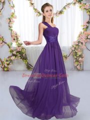 Nice Purple Empire One Shoulder Sleeveless Chiffon Floor Length Lace Up Ruching Quinceanera Court Dresses