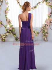 Nice Purple Empire One Shoulder Sleeveless Chiffon Floor Length Lace Up Ruching Quinceanera Court Dresses
