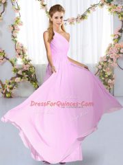 Extravagant Lilac Empire Chiffon One Shoulder Sleeveless Ruching Floor Length Lace Up Quinceanera Dama Dress