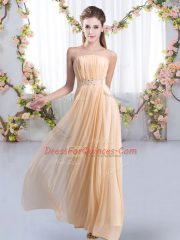 Beauteous Peach Lace Up Strapless Beading Damas Dress Chiffon Sleeveless Sweep Train