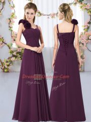 Dazzling Dark Purple Chiffon Lace Up Straps Sleeveless Floor Length Vestidos de Damas Hand Made Flower