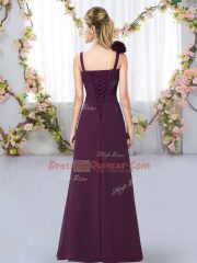 Dazzling Dark Purple Chiffon Lace Up Straps Sleeveless Floor Length Vestidos de Damas Hand Made Flower