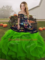 Floor Length Lace Up Ball Gown Prom Dress Green for Military Ball and Sweet 16 and Quinceanera with Embroidery and Ruffles