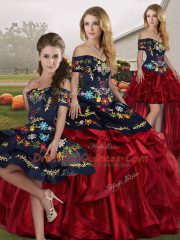 Customized Ball Gowns Ball Gown Prom Dress Red And Black Off The Shoulder Organza Sleeveless Floor Length Lace Up