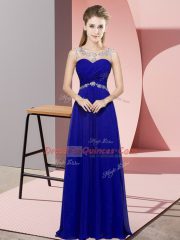 Floor Length Backless Homecoming Dress Blue for Prom and Party and Military Ball with Beading