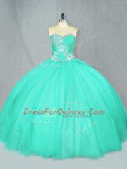 Trendy Sleeveless Tulle Floor Length Lace Up Ball Gown Prom Dress in Turquoise with Beading