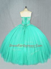 Trendy Sleeveless Tulle Floor Length Lace Up Ball Gown Prom Dress in Turquoise with Beading