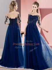 Navy Blue Bateau Lace Up Beading and Lace Damas Dress Half Sleeves
