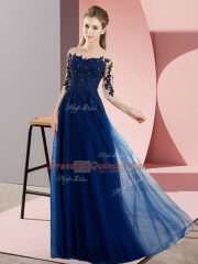 Navy Blue Bateau Lace Up Beading and Lace Damas Dress Half Sleeves