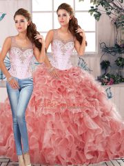 Glamorous Watermelon Red Two Pieces Beading and Ruffles Quince Ball Gowns Clasp Handle Organza Sleeveless Floor Length