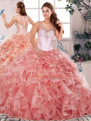 Glamorous Watermelon Red Two Pieces Beading and Ruffles Quince Ball Gowns Clasp Handle Organza Sleeveless Floor Length