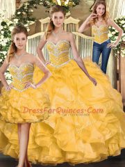 Edgy Gold Ball Gowns Sweetheart Sleeveless Organza Floor Length Lace Up Beading and Ruffles Quinceanera Gown