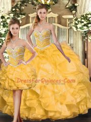 Edgy Gold Ball Gowns Sweetheart Sleeveless Organza Floor Length Lace Up Beading and Ruffles Quinceanera Gown