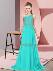 On Sale Floor Length Turquoise Evening Dress Chiffon Sleeveless Beading