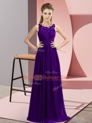 Purple Sleeveless Floor Length Beading and Appliques Zipper Quinceanera Court Dresses