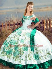 Green Satin and Organza Lace Up Off The Shoulder Sleeveless Floor Length Quinceanera Gowns Embroidery and Ruffles
