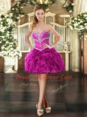Sleeveless Floor Length Beading and Ruffles Lace Up Quinceanera Gowns with Fuchsia