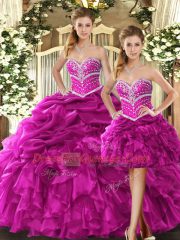 Sleeveless Floor Length Beading and Ruffles Lace Up Quinceanera Gowns with Fuchsia