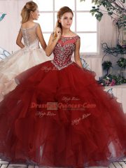 Burgundy Sleeveless Beading and Ruffles Floor Length Quinceanera Gowns