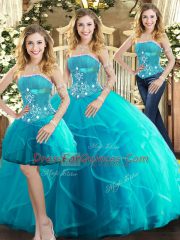 Aqua Blue Sleeveless Floor Length Beading and Ruffles Lace Up Quinceanera Gowns