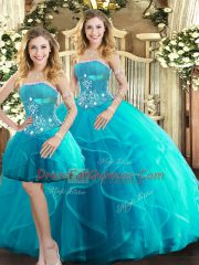 Aqua Blue Sleeveless Floor Length Beading and Ruffles Lace Up Quinceanera Gowns
