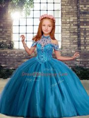 Dramatic Floor Length Ball Gowns Sleeveless Blue Little Girl Pageant Dress Lace Up