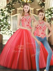 Coral Red Halter Top Lace Up Embroidery 15 Quinceanera Dress Sleeveless