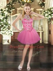 Custom Design Sleeveless Mini Length Beading Lace Up Dress for Prom with Pink