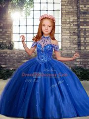 Eye-catching Floor Length Lace Up Pageant Dress for Womens Royal Blue for Party and Wedding Party with Beading and Ruffles