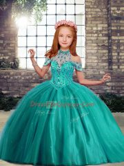 Fashionable High-neck Sleeveless Little Girl Pageant Dress Floor Length Beading Turquoise Tulle