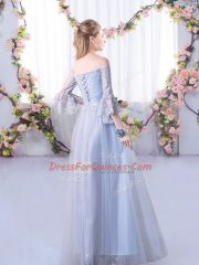 Floor Length Grey Dama Dress Off The Shoulder 3 4 Length Sleeve Lace Up