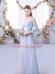 Floor Length Grey Dama Dress Off The Shoulder 3 4 Length Sleeve Lace Up