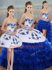 Vintage Floor Length Lace Up 15 Quinceanera Dress Royal Blue for Military Ball and Sweet 16 and Quinceanera with Embroidery and Ruffled Layers and Bowknot