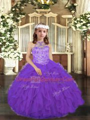 Cheap Purple Sleeveless Beading and Ruffles Floor Length Little Girls Pageant Gowns