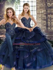 Navy Blue Quinceanera Dresses Military Ball and Sweet 16 and Quinceanera with Beading and Ruffles Sweetheart Sleeveless Lace Up