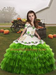 Super Organza Straps Sleeveless Lace Up Embroidery and Ruffled Layers Winning Pageant Gowns in Green