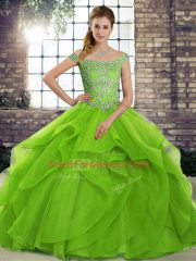 Green Ball Gowns Off The Shoulder Sleeveless Tulle Brush Train Lace Up Beading and Ruffles 15 Quinceanera Dress