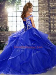 Green Ball Gowns Off The Shoulder Sleeveless Tulle Brush Train Lace Up Beading and Ruffles 15 Quinceanera Dress