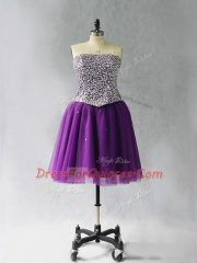 Enchanting Purple Lace Up Strapless Beading Prom Gown Tulle Sleeveless