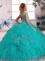 Fashionable Sleeveless Beading and Ruffles Lace Up Quince Ball Gowns with Turquoise Brush Train