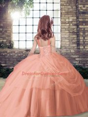 Fuchsia Lace Up Straps Beading Little Girls Pageant Gowns Tulle Sleeveless