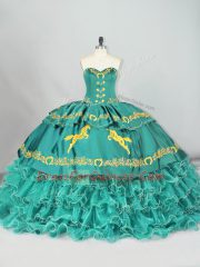 Turquoise Satin and Organza Lace Up Sweetheart Sleeveless Quinceanera Gowns Brush Train Embroidery and Ruffled Layers